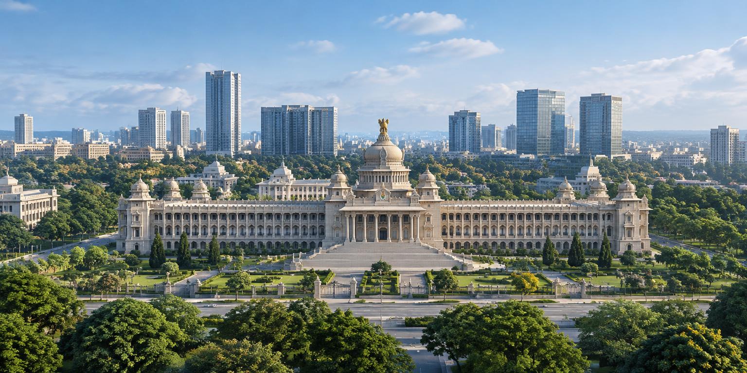 Architectural illustration inspired by Bengaluru’s Vidhana Soudha and technology districts